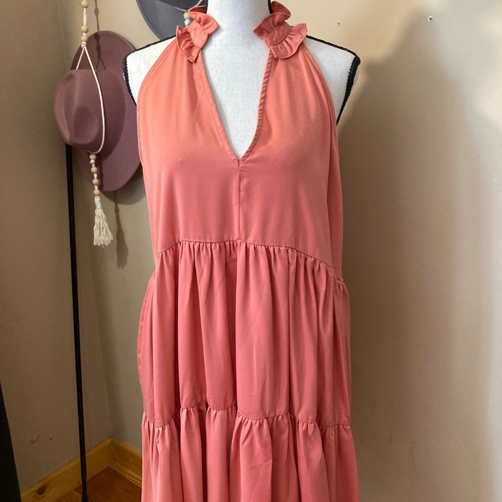 Glam Pink Tiered Halter Midi Sundress
